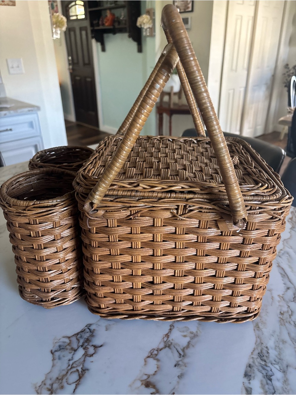 Woven Rattan Picnic Basket with Carry Handle - Brown
